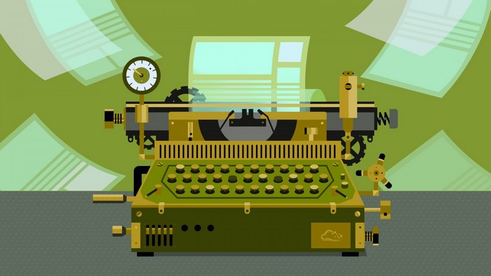 Steampunk typewriter with papers flying