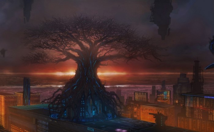 Fantasy cityscape with a giant tree at sunset