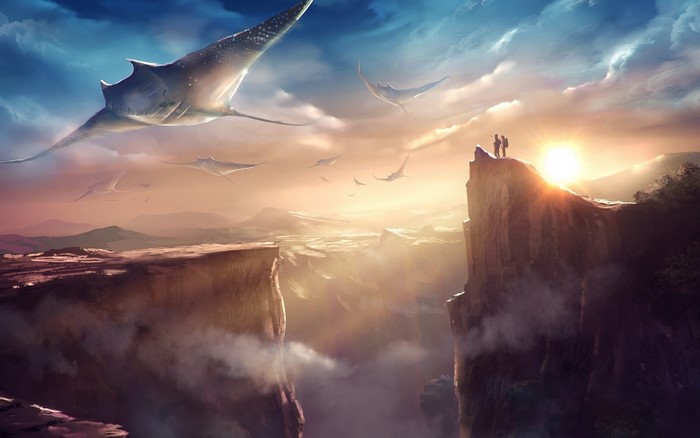 Fantasy creatures flying over a canyon at sunset