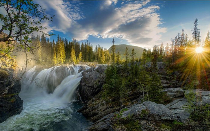Sunlit Waterfall in Serene Forest Landscape