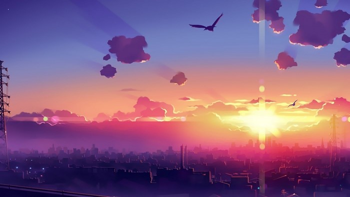 Anime city skyline at sunset with birds flying