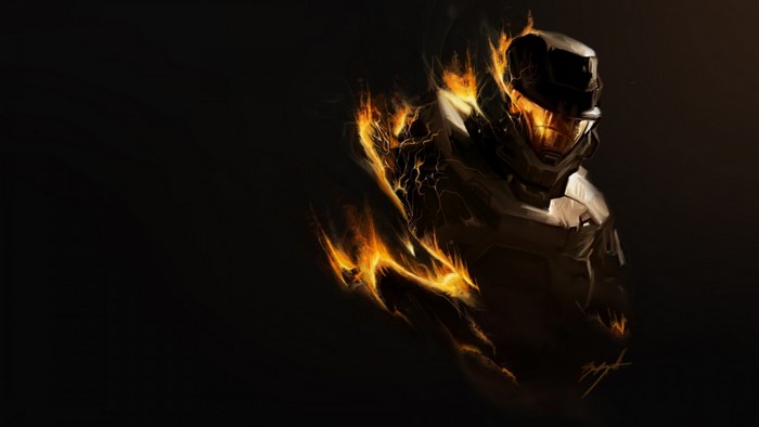 Master Chief from Halo engulfed in flames