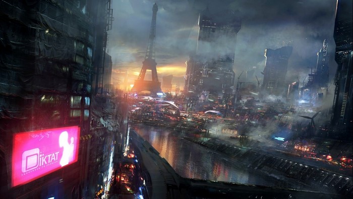 Futuristic Paris cityscape with Eiffel Tower at sunset