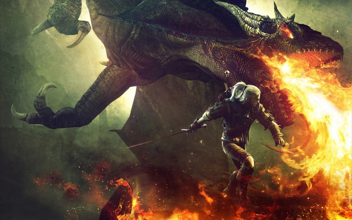 Geralt of Rivia fighting a dragon in The Witcher 2