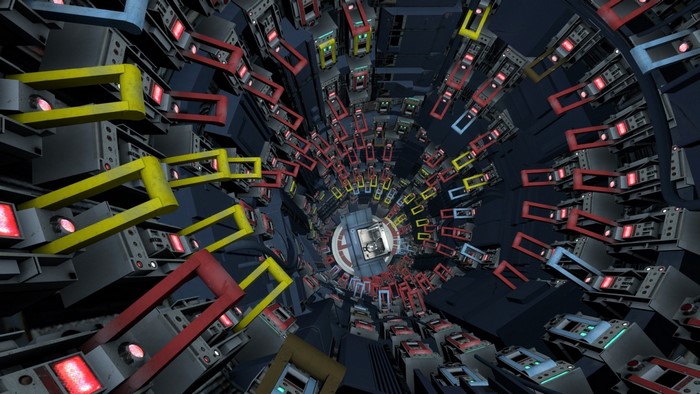 Portal 2 screenshot of a futuristic elevator shaft