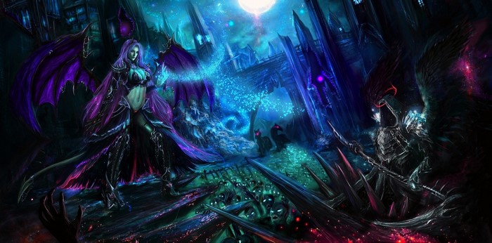 Fantasy art of a demoness and a grim reaper in a dark universe