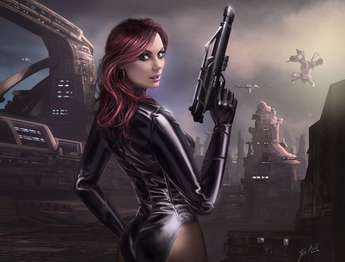 Woman in futuristic suit holding a gun in a sci-fi city