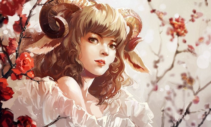 Fantasy art of a woman with ram horns and flowers