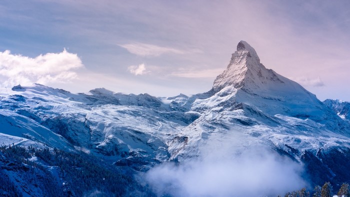 The Matterhorn mountain in the Swiss Alps during winter