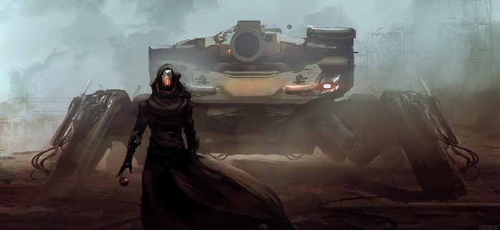 Hooded figure and mechanical walker in a desolate landscape