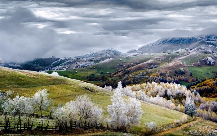 Frosty mountain landscape with trees and a valley in Romania