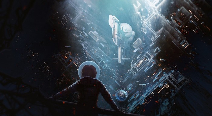 Astronaut looking at a futuristic space station