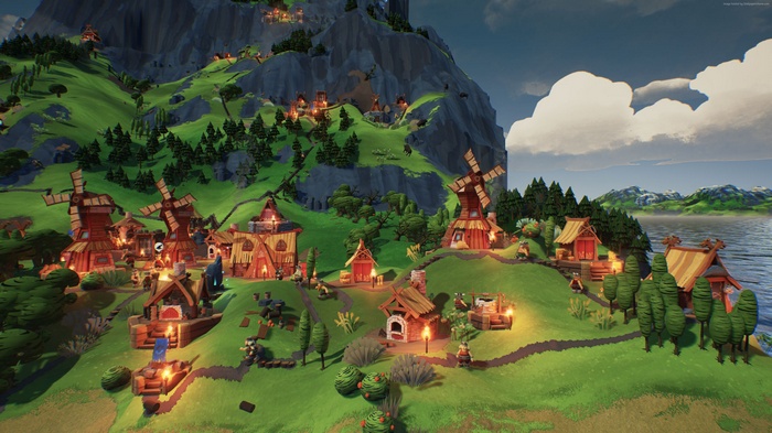 Valhalla Hills village with windmills and mountains