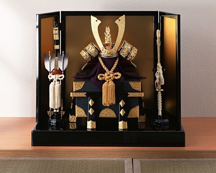 Japanese samurai helmet and armor display