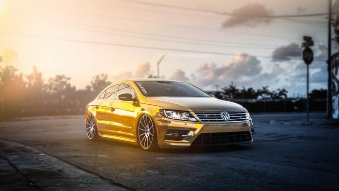 Gold Volkswagen CC sedan on a street