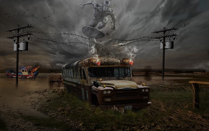 Silver Surfer above a burning bus in a swamp