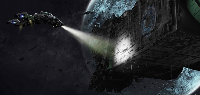 Spaceship illuminating a derelict space station near a planet