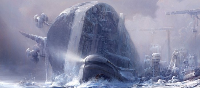 Frozen futuristic ship in icy landscape