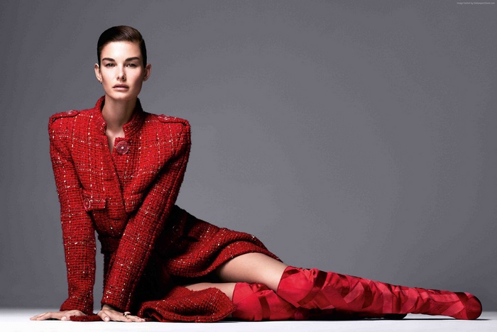 Ophelie Guillermand in red Chanel tweed suit and boots
