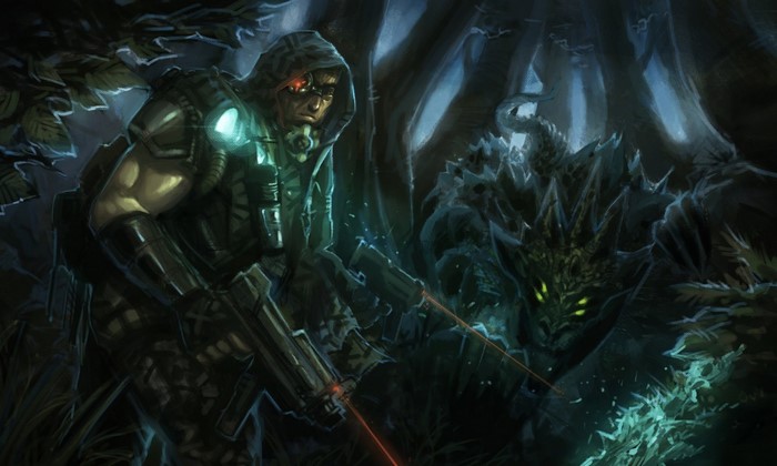 Soldier with rifle facing a monster in a dark forest