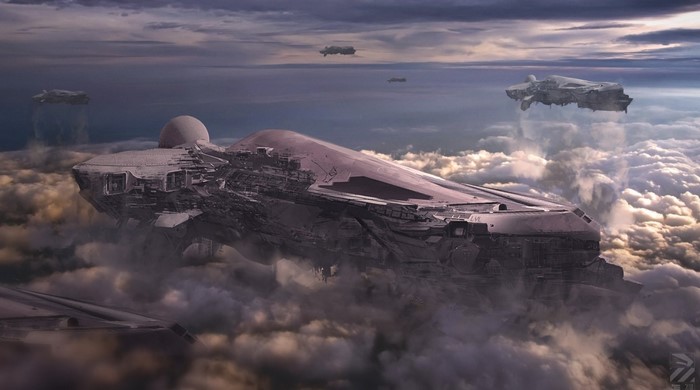 Science fiction vehicles flying through clouds at dawn