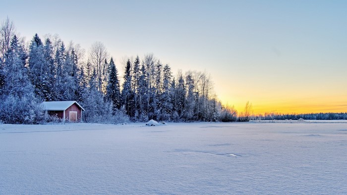 Snowy landscape with a red cabin and forest at sunset