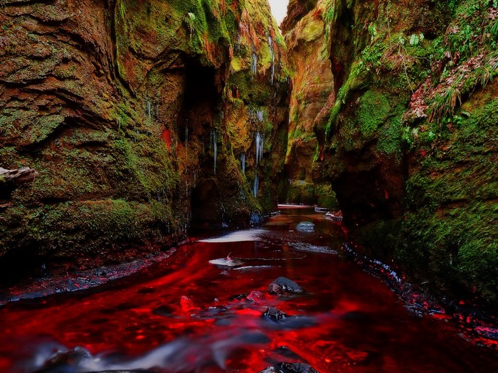 Red river flowing through mossy canyon with icicles