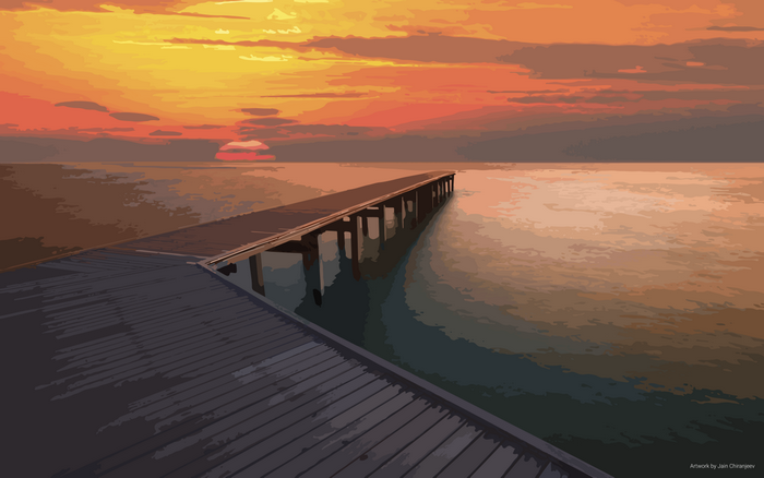 Sunset over the sea with a wooden pier