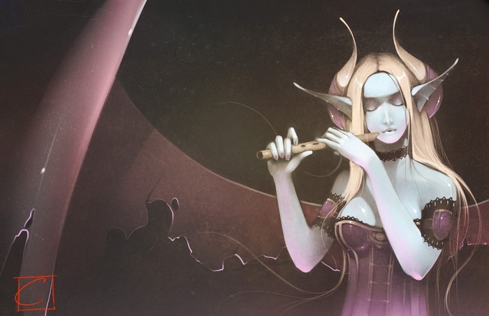 Fantasy art of a demon girl playing a flute