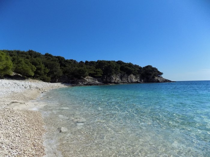 Pebble beach with clear turquoise water and green forested cliffs
