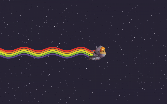 Astronaut cat flying through space on a rainbow