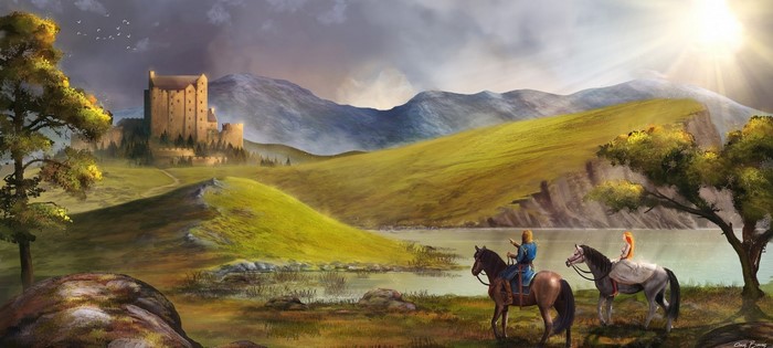 Fantasy landscape with castle and riders