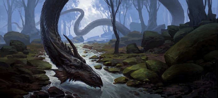 Dragon in a misty forest stream