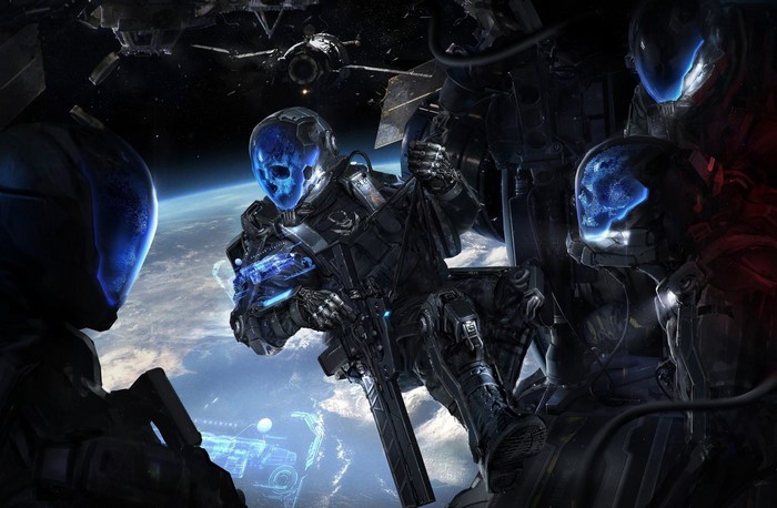 Soldiers in futuristic armor in space with Earth below