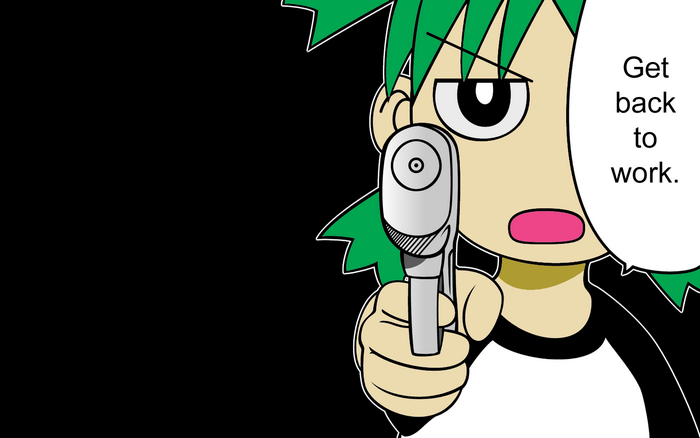 Yotsuba&! character with gun saying Get back to work