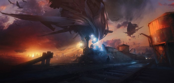 Science fiction artwork with alien ships over a city at sunset