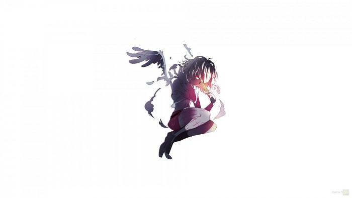 Anime girl with broken wings eating a lollipop
