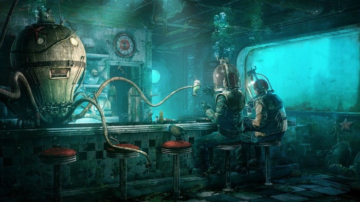 Underwater bar with divers and a strange machine