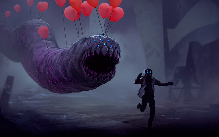 Giant purple worm with balloons chases a person