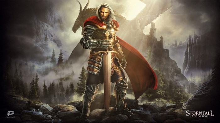 Warrior with sword and dragon in fantasy landscape