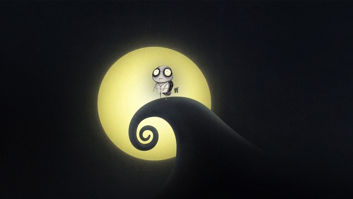 Tim Burton style character on a hill with moon