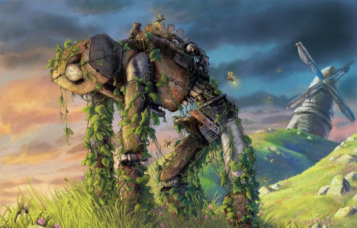 Overgrown robot in a field with a windmill