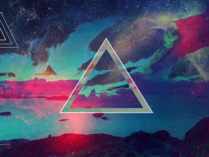 Triangles overlaying a colorful nebula and ocean landscape