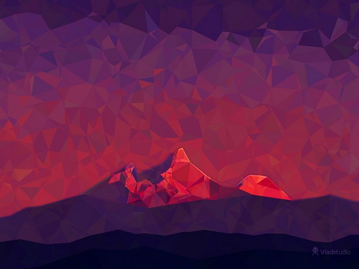 Low-poly mountains at sunrise illustration