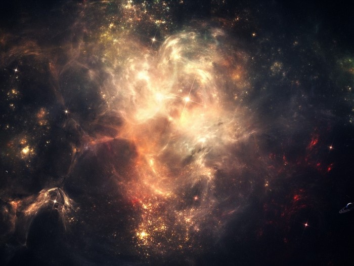 Vast nebula with stars and distant planet