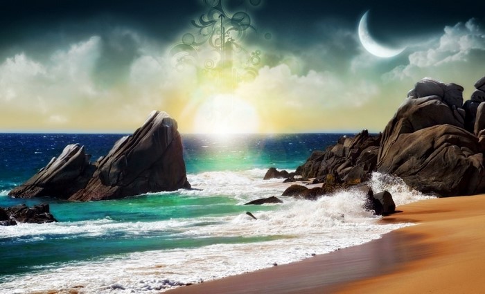 Ocean waves crashing on a rocky coast at sunset with a crescent moon
