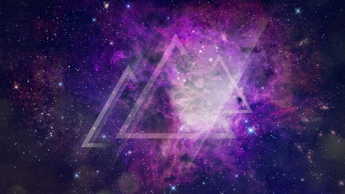 Galaxy with purple nebula and geometric triangles