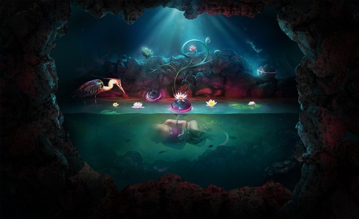 Surreal underwater cave with fetus and heron