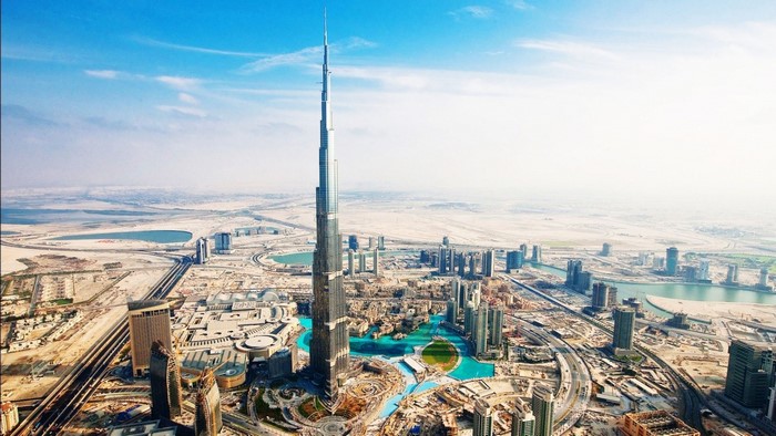 Aerial view of Burj Khalifa and Dubai cityscape