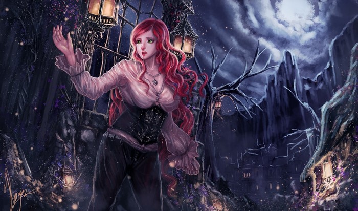 Fantasy art of a woman with red hair in a dark forest